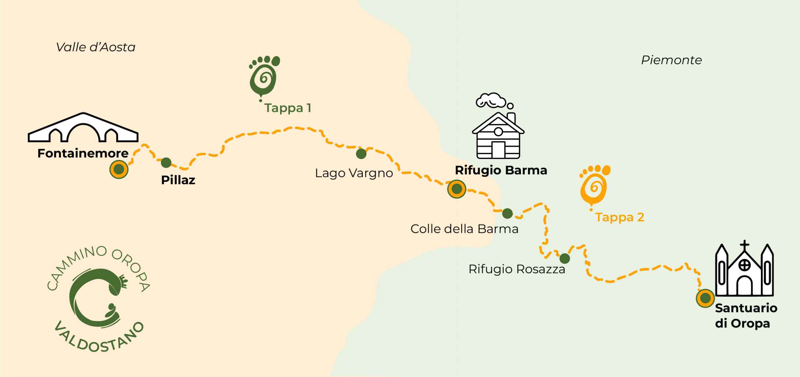 Cartina che mostra il percorso e punti tappa del Cammino di Oropa Valdostano