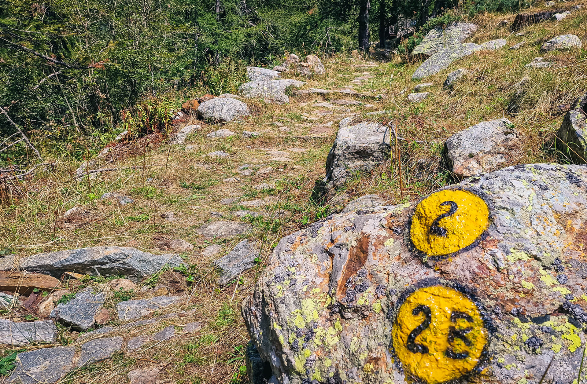 Segnaletica a cerchio giallo con numero 2 nero in vernice sul Cammino di Oropa Valdostano